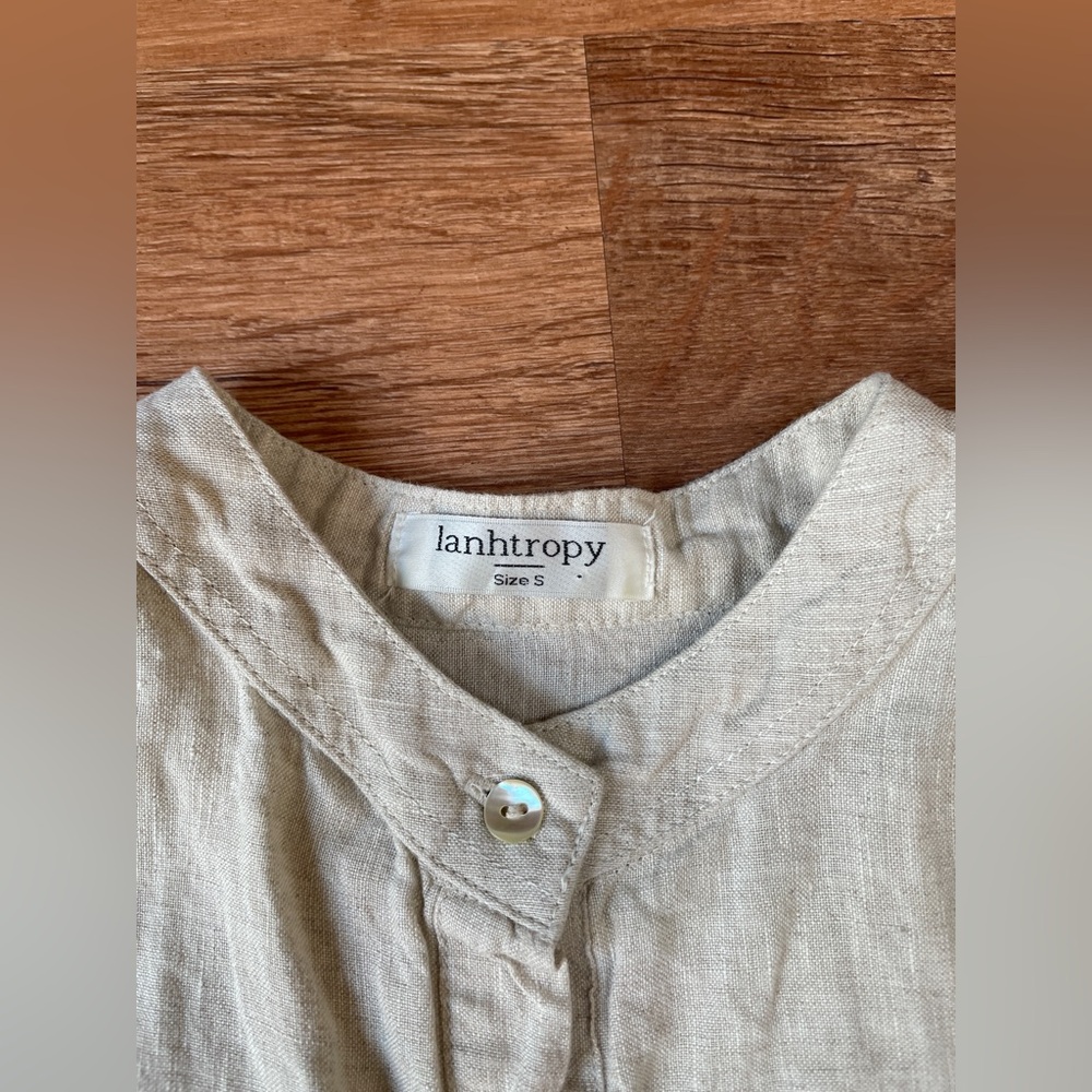 Lanhtropy Bubble Linen dress button down size small natural puff sleeve peasant - Picture 3 of 9